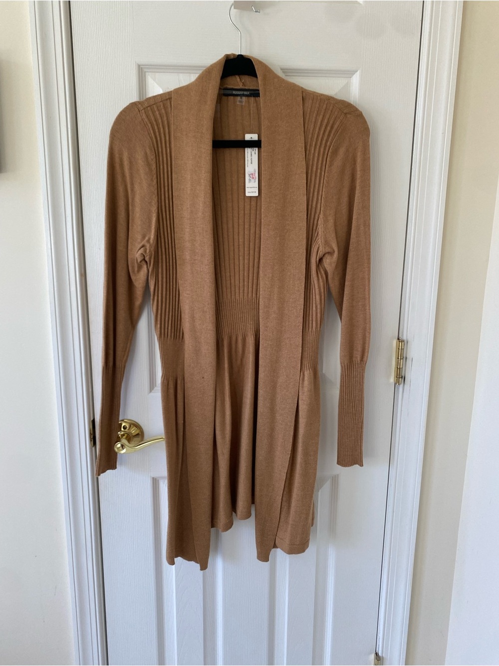 august silk Tan Open-Front Ribbed Long Cardigan